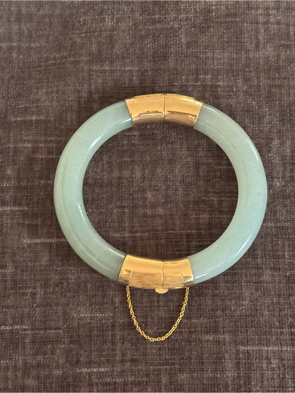 Vintage 14K Yellow Gold, Engraved Hinge and Plunger Clasp Jadeite Jade Bangle